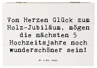 Produktbild von Mr. & Mrs. Panda Holztruhe Spruch 5. Hochzeitstag Holzhochzeit 22 x 15 cm - Weiß - Geschenk, Holzkiste, Hochzeit, schatztruhe, holzschatulle, Ehebotschaft, Geschenke