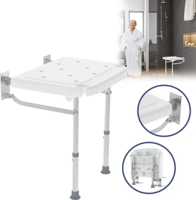 A collage of images showing a foldable shower stool, a woman in a bathrobe in a bathroom, and close-ups of the shower stool's mounting mechanism and folded state.