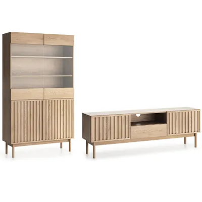 Produktbild von BEAUTYSOFA | Möbelset SAPPORO – Vitrine + TV-Schrank in Cremona Optik, 3D-Lamellenfront, Push-to-Open-System | Modern & Funktional