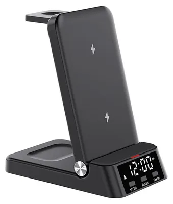 Obrázok produktu pre Nabíjačka na mobil, bezdrôtová nabíjačka 4 v 1, bezdrôtové nabíjanie 15 W, skladateľná nabíjacie stanica, s hodinami, vhodná pre Samsung, čierna