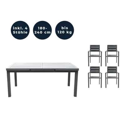 Produktbild von HOME DELUXE - Gartentisch ausziehbar - CALIDO - ca. 180 (240) x 97,5 x 76,5 cm - inkl. 4 Stühlen, Gestell Aluminium, Tischplatte Glas - inkl. Zubehör I Gartenmöbel Ausziehtisch Balkonset