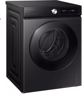 A black Samsung washing machine is shown from a three-quarter angle against a white background.