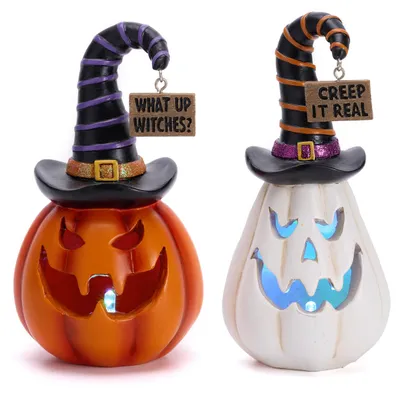Immagine prodotto di Set di 2 zucche decorative per Halloween, 13 cm, con luci colorate, adatte per interni ed esterni