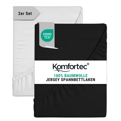 Produktbild von Komfortec 2er Pack Jersey Spannbettlaken 180x200 cm, 100% Baumwolle, Doppelpack Spannbettuch, Schwarz&Weiß
