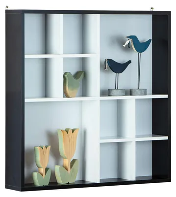 Wandvitrine, 10 Fächer, MDF schwarz/weiß, 70x13x70 cm