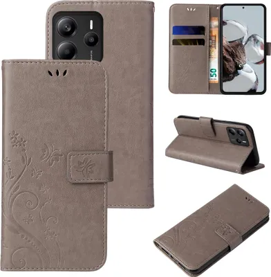 Produktbild von Handyhülle für Xiaomi Redmi Note 14 5G Floral Blumen Schmetterling Flip Cover Hülle Case Klapphülle Handytasche Farbe: Grau