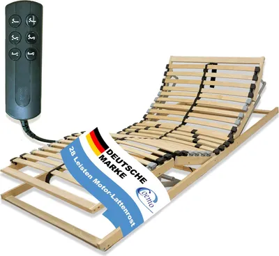 A motorized slatted bed base with a remote control.