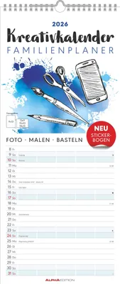 A calendar page with illustrations of art supplies and a smartphone, along with calendar dates and text.