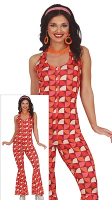Produktbild von Disco Kostüm 70er Jahre Retro Overall Party Karneval Schlaghosen Vintage Glamour Rot, Größe: 36 - 38 (S) Farbe: Orange