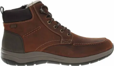 A side view of a brown leather boot with laces and a rubber sole.