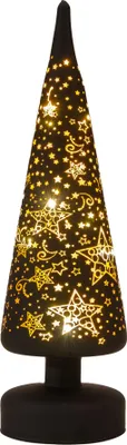 Productafbeelding van Kerstboompje glas met sterren 10led warm wit 30x9 cm zwart/goud Anna's Collection