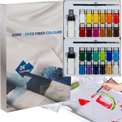 Obrázek produktu pro Barvy na textil odolné proti praní v lahvičkách pro malování na textil Umělecká barva na textil pro malování Sada 24 barev 2 štětce 2 ředidla 22948