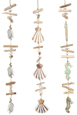 Produktbild von 3 Windspiele aus Holz mit Muscheln Seepferdchen Schildkröte ca. 100 cm
