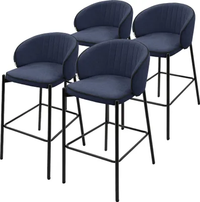 Produktbild von ML-Design Barhocker 4er Set Dunkelblau Stoffbezug 76 cm hoch Gepolsterte Barstühle mit Metallgestell Rückenlehne & Fußstütze Küchenstühle Bistrohocker