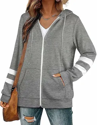 Image de ASKSA Sweat-shirt à capuche pour femme, cordon de serrage, manches longues, rayures et poches, gris clair, XXL