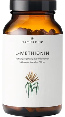 Produktbild von Naturkur® L-Methionin 500 mg - 360 Kapseln im Apothekerglas - Vegan, ohne Zusatzstoffe, in Handarbeit hergestellt in Unterfranken