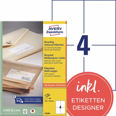 Produktbild von Avery Zweckform LR3483, Recycling Universal-Etiketten, A4, 105 x 148 mm, 400 Etiketten / 100 Bögen, naturweiß