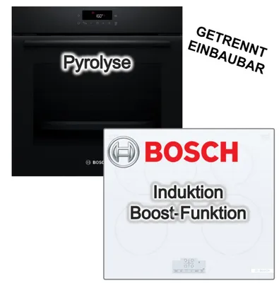 Produktbild von Bosch Herdset Einbaubackofen 3D-Heißluft Pyrolyse + Induktionskochfeld PowerBoost Bräterzone Touch weiss