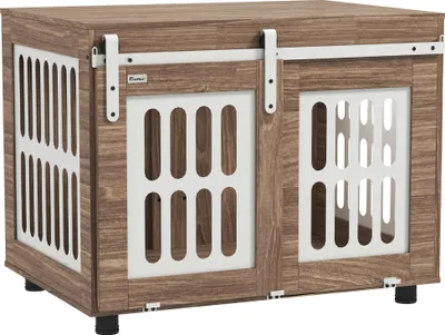Image de Meuble cage pour chien avec porte coulissante, maison pour chien de moyenne, table d'appoint, 80 x 59 x 63 cm, noyer