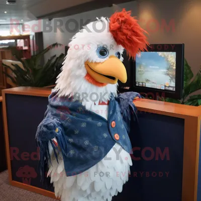 Produktbild von Maskottchen REDBROKOLY Kostüm mit Huhn und Parmesan in Marineblau gekleidet in ein Hemd mit Knöpfen und Schals