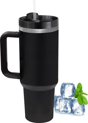 Produktbild von Thermal Mug with Straw and Handle, 1180 ml 40 oz Coffee Mug To Go with Lid, Double-Walled Stainless Steel Vacuum Insulated Mug, Portable Car Mug for Cold Hot Drinks - Black