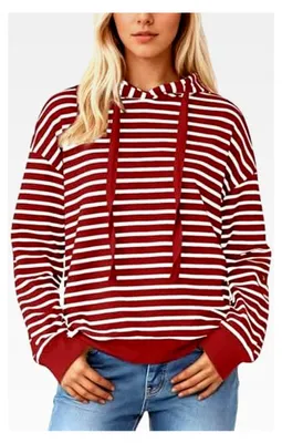 Produktbild von Damen Hoodie Kapuzenpullover Gestreift Oversize Sweatshirt mit Kängurutasche und Kontrastbündchen