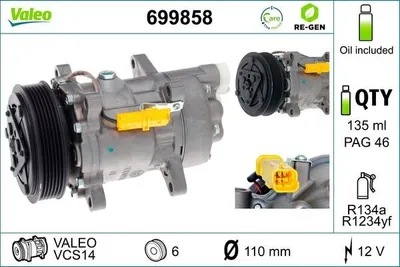 Produktbild von VALEO 699858 6V12 Klimaanlage Klimakompressor PAG 46 R134a passend für PEUGEOT 206 Schrägheck (2A/C) 307 CC (3B) 307 (3A/C) 307 SW (3H) für CITROËN
