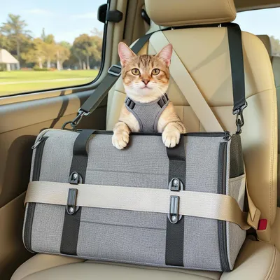Productafbeelding van Opvouwbare transportbox voor katten, geschikt tot 5 kg, met gaasvensters, binnenkussen, grijs, maat M, 45,5 x 28 x 28 cm