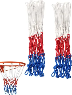 Imagen del producto de Juego de redes de baloncesto, 2 unidades, con 12 bandas, de tres colores (blanco, azul y rojo), para uso en interiores y exteriores