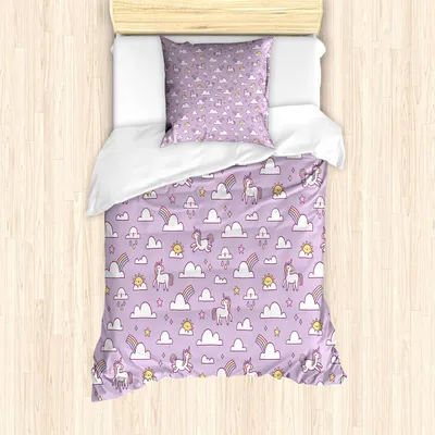 Immagine prodotto di ABAKUHAUS Set copripiumino Unicorn Party, arcobaleno con animali mitici e stelle su sfondo cielo color pastello, 135 x 200 cm + 80 x 80 cm, multicolore