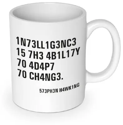 Produktbild von Stephen Hawking Zitat Tasse im Leet-Alphabet mit Henkel, 330ml, Keramik, weiß
