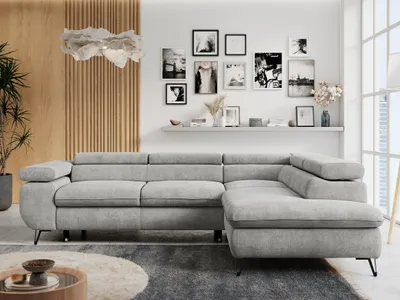 Produktbild von Ecksofa Sofa Grau, Wohnlandschaft L-Form mit Schlaffunktion und Bettkasten, Schlafsofa mit Bettkasten, Sofa mit Einstellbare Kopfstützen, Peter L - Hellgrau Struktur - Rechts Grau