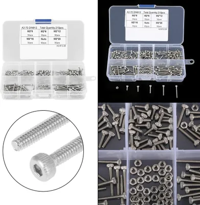 Produktbild von 210-teiliges Sortiment an M2 304 Edelstahl-Innensechskantschrauben mit Kegelkopf und Muttern in Box