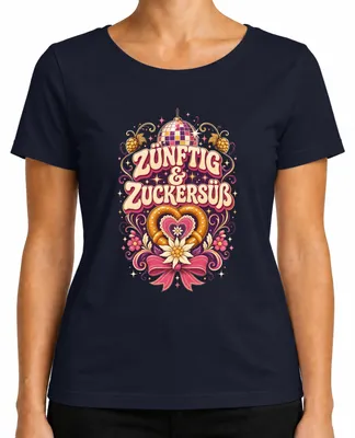 Productafbeelding van Zünftig & Zuckersüß: Volksfeest, Wiesn (Oktoberfest), Brezel (pretzel), traditionele kleding, dames T-shirt, marineblauw, maat XXL