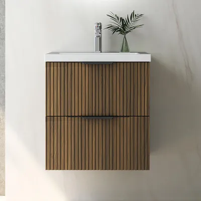 Produktbild von Waschtisch mit Unterschrank 50cm RIVA Badmöbel Set Walnussbraun Waschbecken mit Unterschrank Softclose