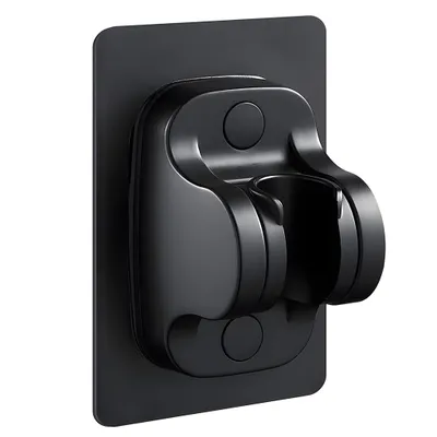 A black shower head holder mounted on a black adhesive plate against a white background.