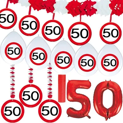 Produktbild von 50. Geburtstag Verkehrsschild Party Deko Set rot weiß Mann Frau Partyset