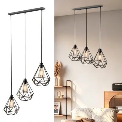 Zdjęcie produktu dla Lampa wisząca CEEDIR, 3-punktowa, czarna, idealna do jadalni, 3 x 15W, żarówka E27, styl industrialny retro, w zestawie żarówki, do salonu, jadalni, biura i hotelu, typ A