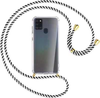 Produktbild von Handykette Backcover-Schutzhülle mit Band (Metall goldfarben) für Samsung Galaxy A21s - schwarz/weiß gestreift