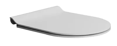 A white toilet seat with a soft-close mechanism, shown from a diagonal angle against a white background.
