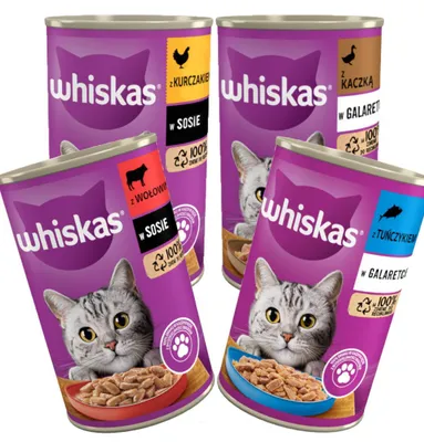 Zdjęcie produktu dla WHISKAS Adult 4 Smaki 12x400g Mokra Karma Dla Dorosłych Kotów (Kurczak Wołowina Tuńczyk Kaczka)