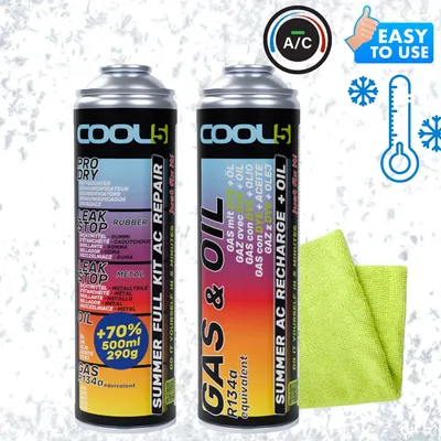 Image de Kit de fluide de refroidissement 2 en 1 + 5 en 1 pour climatisation Cool5, compatible R134a + chiffon en microfibre