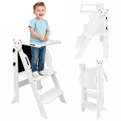 Produktbild von Lernturm Klappbar mit Tafel,Learning Tower,Kippschutz Kindermöbel für Kinder,Montessori Küchenhelfer Stehhilfe für Küche/Arbeitsplatte 43x35x80cm