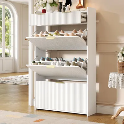 Produktbild von STILVORA Schuhschrank mit 3 Klappfächern und 2 Schubladen, Schuhkipper schmal für Flur und Eingangsbereich, Schuhkommode mit Stauraum, Weiß