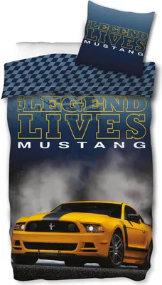 A yellow Ford Mustang is shown on a dark blue background with smoke effects and text.