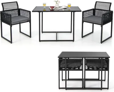 Produktbild von COSTWAY 3-teiliges Gartenmöbel-Set, Rattan Balkonmöbel-Set mit klappbarer Rückenlehne & Sitzkissen, Balkonset Terrassenmöbel, platzsparendem Gartengarnitur Sitzgruppe für Garten und Balkon