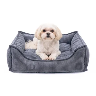Produktbild von 4L Textil HUGO Orthopädisches Hundebett aus Cord mit Visco-Schaumstoff, abnehmbarer Bezug, für kleine Hunde und Katzen, 60x40 cm, Dunkelgrau