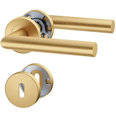 A set of gold-colored door handles and a keyhole escutcheon are displayed against a white background.