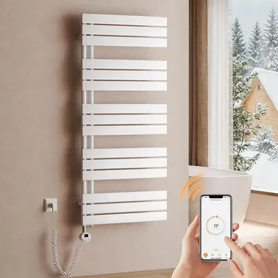 Productafbeelding van Elektrische handdoekradiator, 1320x600 mm, elektrische badradiator met thermostaat, WiFi, programmeerbare timer, LCD-display, energiezuinige elektrische handdoekdroger, 800 W, wit