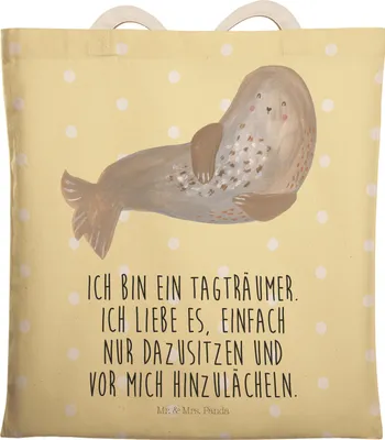 Produktbild von Mr. & Mrs. Panda Stoffbeutel Robbe Lachen - Gelb Pastell - Geschenk, Strand, Tote Bag, Seehund, Robben, Beuteltasche, Lustige Sprüche, Beutel, shopping, Einkaufstasche